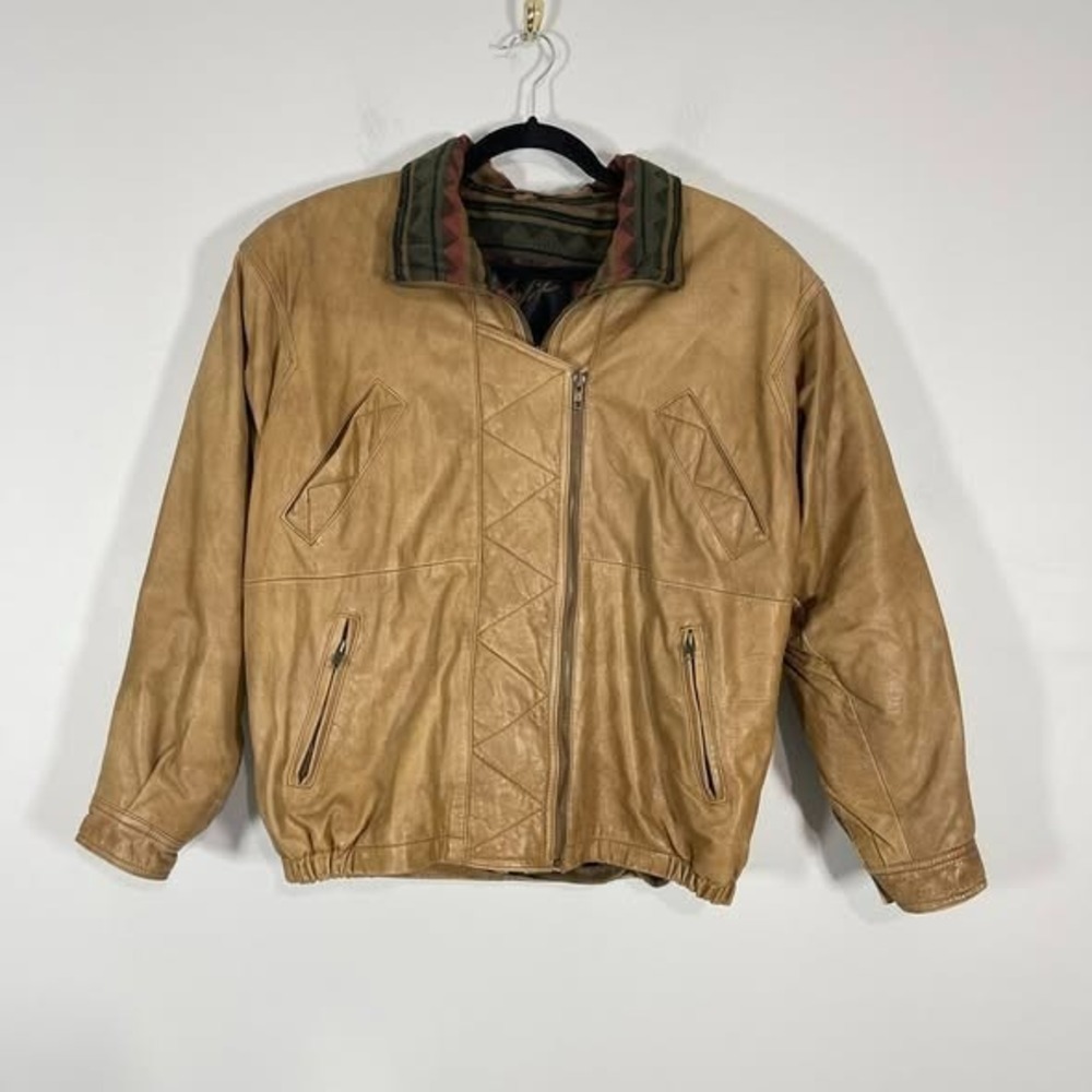 VTG Winlit Mens Leather Flight Bomber Jacket Insulated Brown Tan Aztec‎ Lining S